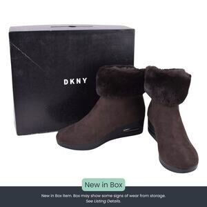 DKNY Abri Women's Wedge Ankle Boot – Dark Brown Faux Suede & Faux Fur – Size 7.5